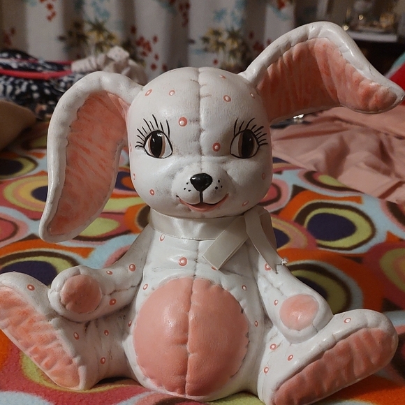 Rob Roy Vintage Pink and White Ceramic Bunny Bank 8" Tall - Picture 3 of 7